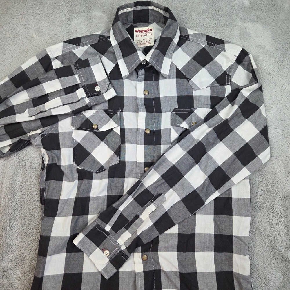 Wrangler Western Shirt Mens S Pearl Snap Long Sleeve Buffalo Plaid Black White